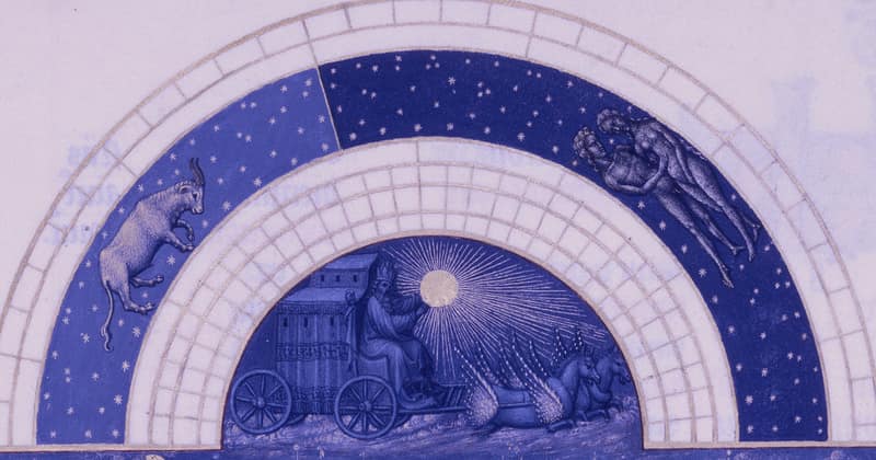 A fifteenth century calendar arch for May: Taurus the bull, the Gemini twins and the Sun in its chariot