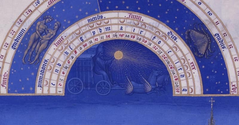 The June page of a fifteenth-century book of hours, zodiac signs in a blue arch above a summer field