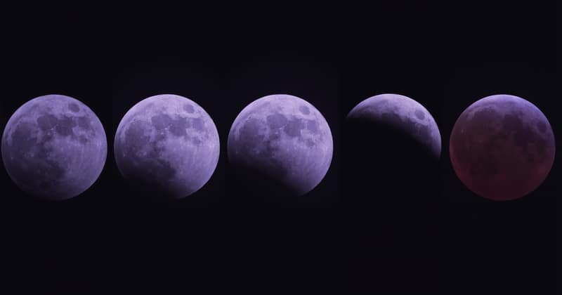 A row of moons on a black sky, passing from full to copper red during a total lunar eclipse