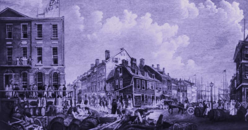 An engraving of Wall Street around 1797, merchants and carts crowding the street outside the Tontine Coffee House